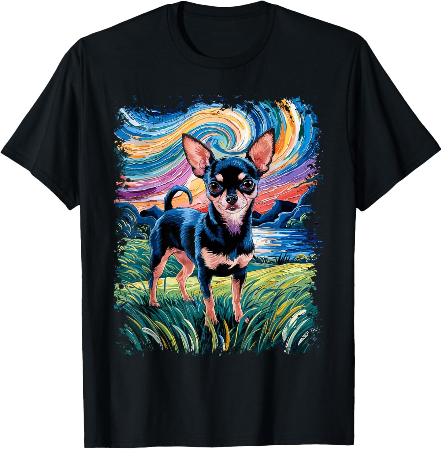 Black and Tan Smooth Chihuahua Starry Night Dog T-Shirt - T-Shirt | Black