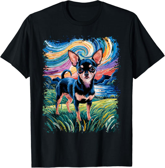 Black and Tan Smooth Chihuahua Starry Night Dog T-Shirt - T-Shirt | Black