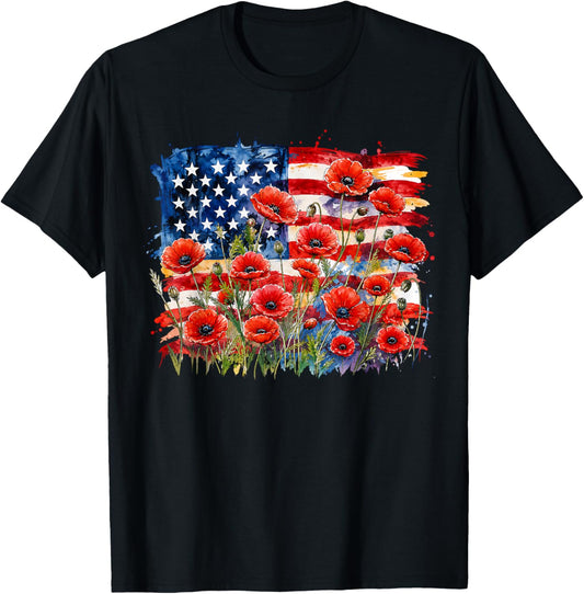 Red Poppy Flower American Flag Memorial Day Poppies T-Shirt - T-Shirt | Black