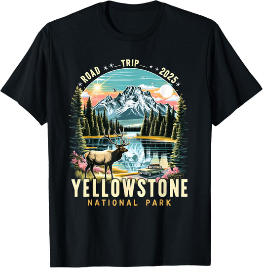 Yellowstone Road Trip 2025 Nature Adventure Souvenir Graphic T-Shirt - T-Shirt | Black