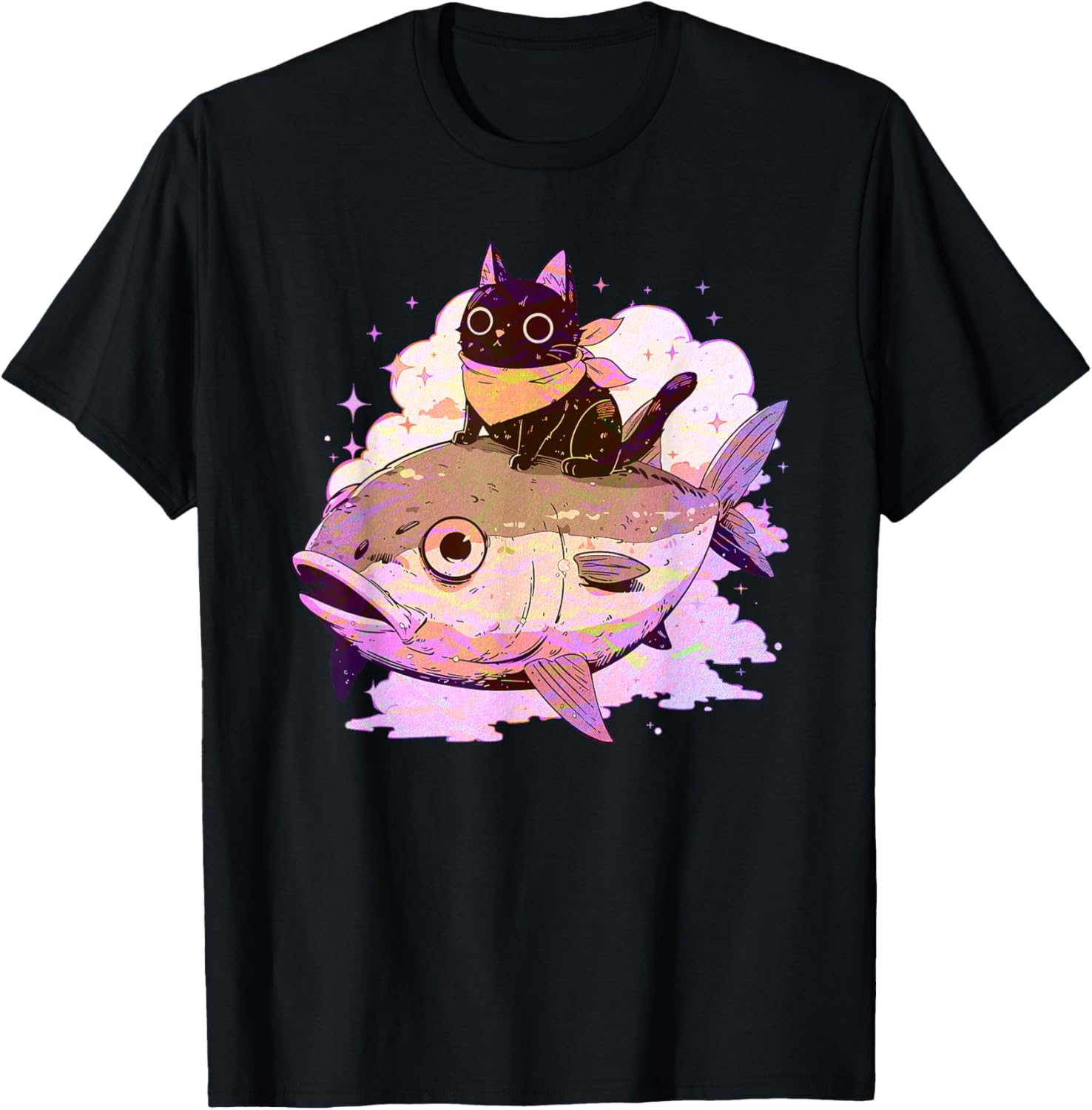 Funny Pink Pastel Goth Aesthetic Tuna Fish Neko Kawaii Cat Men Women Girls Kids T-Shirt - T-Shirt | Black