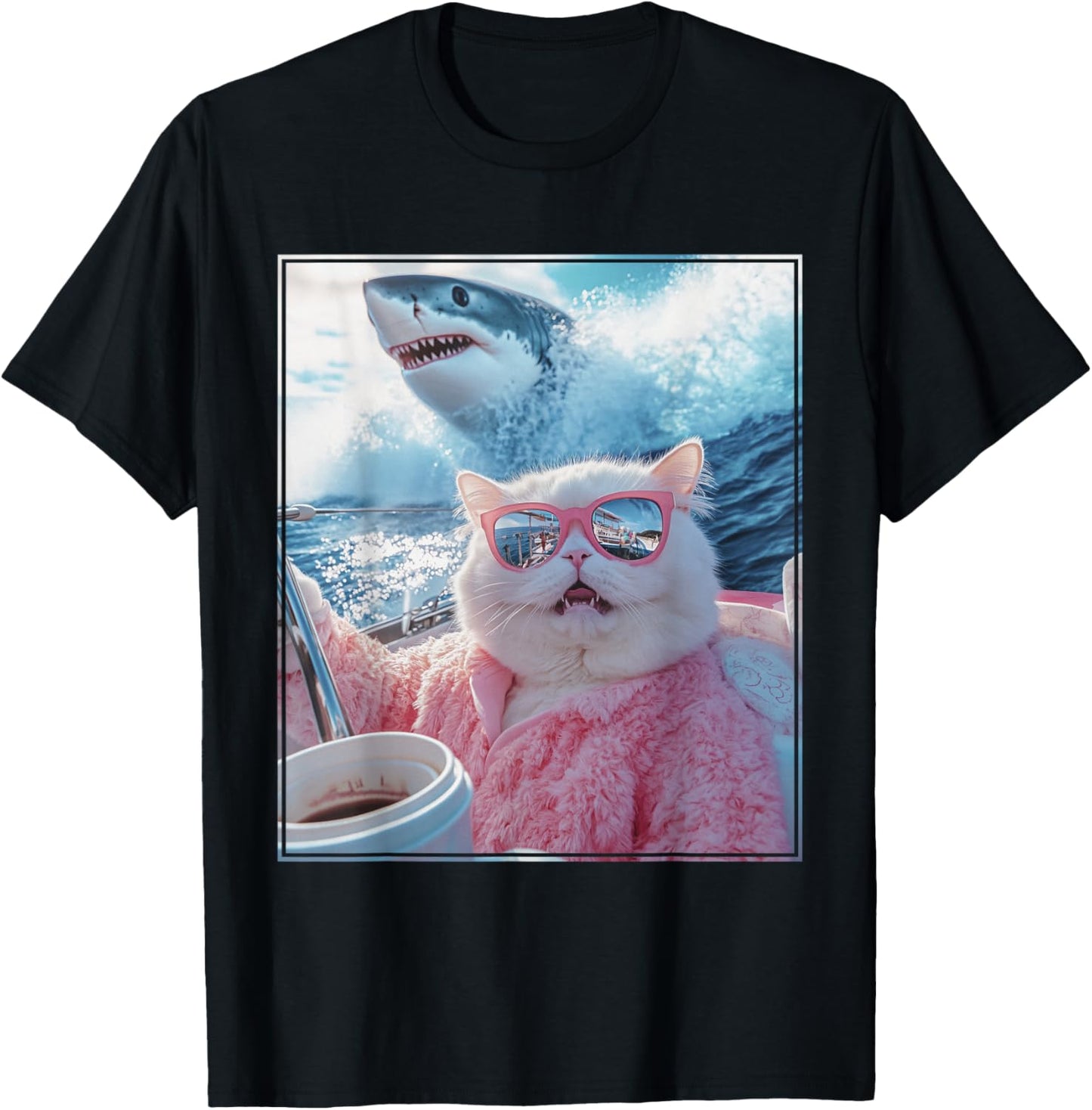 Funny Cat Shark Meme Selfie Cat on a Yacht Boat Men Women Kids T-Shirt - T-Shirt | Black