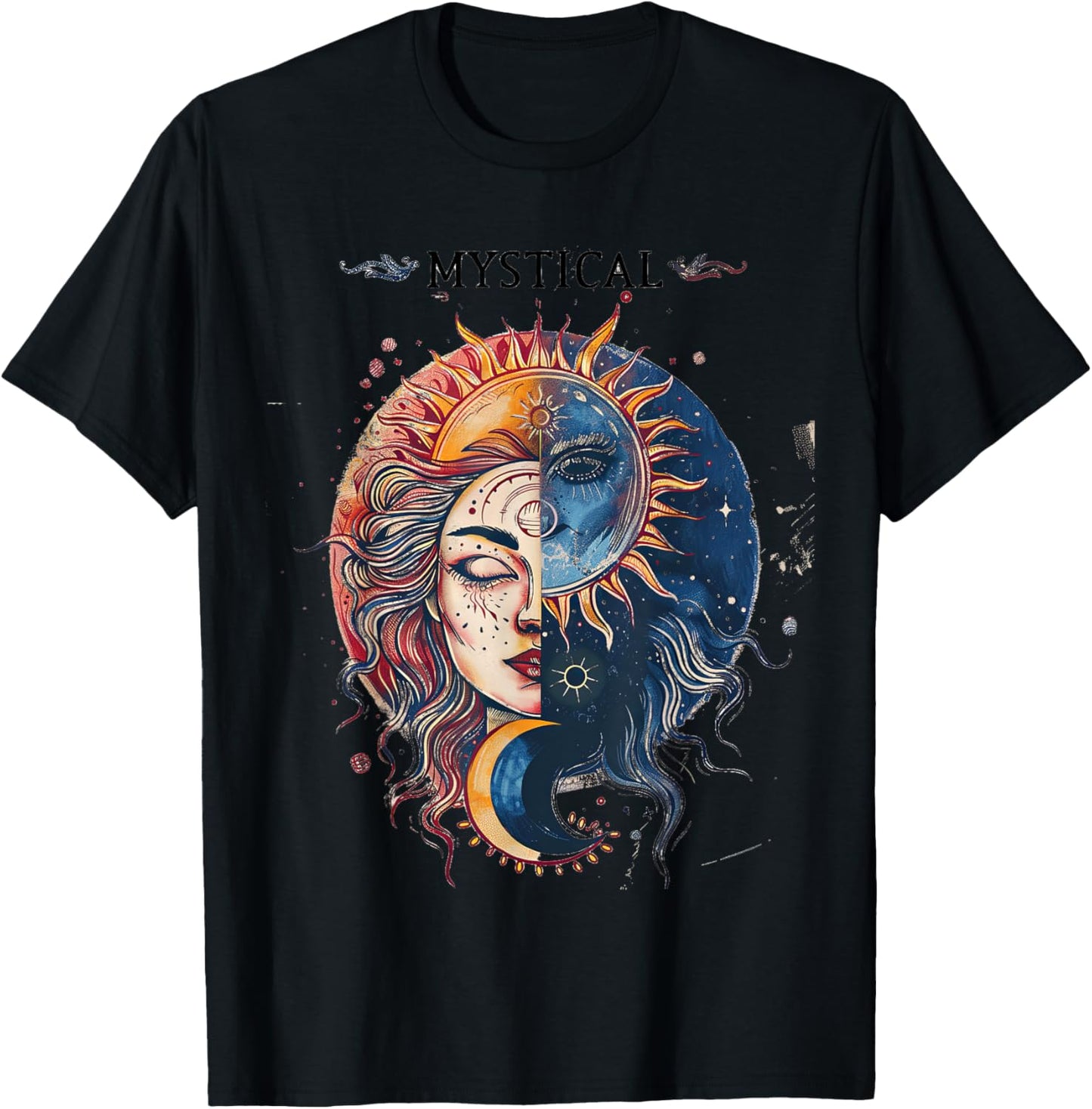 Mystical Sun and Moon Woman Mystic Flowers Aesthetic T-Shirt - T-Shirt | Black
