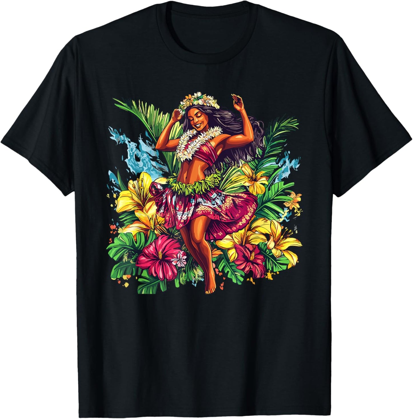Tropical Hula Girl Dancing Hawaiian Flowers T-Shirt - T-Shirt | Black