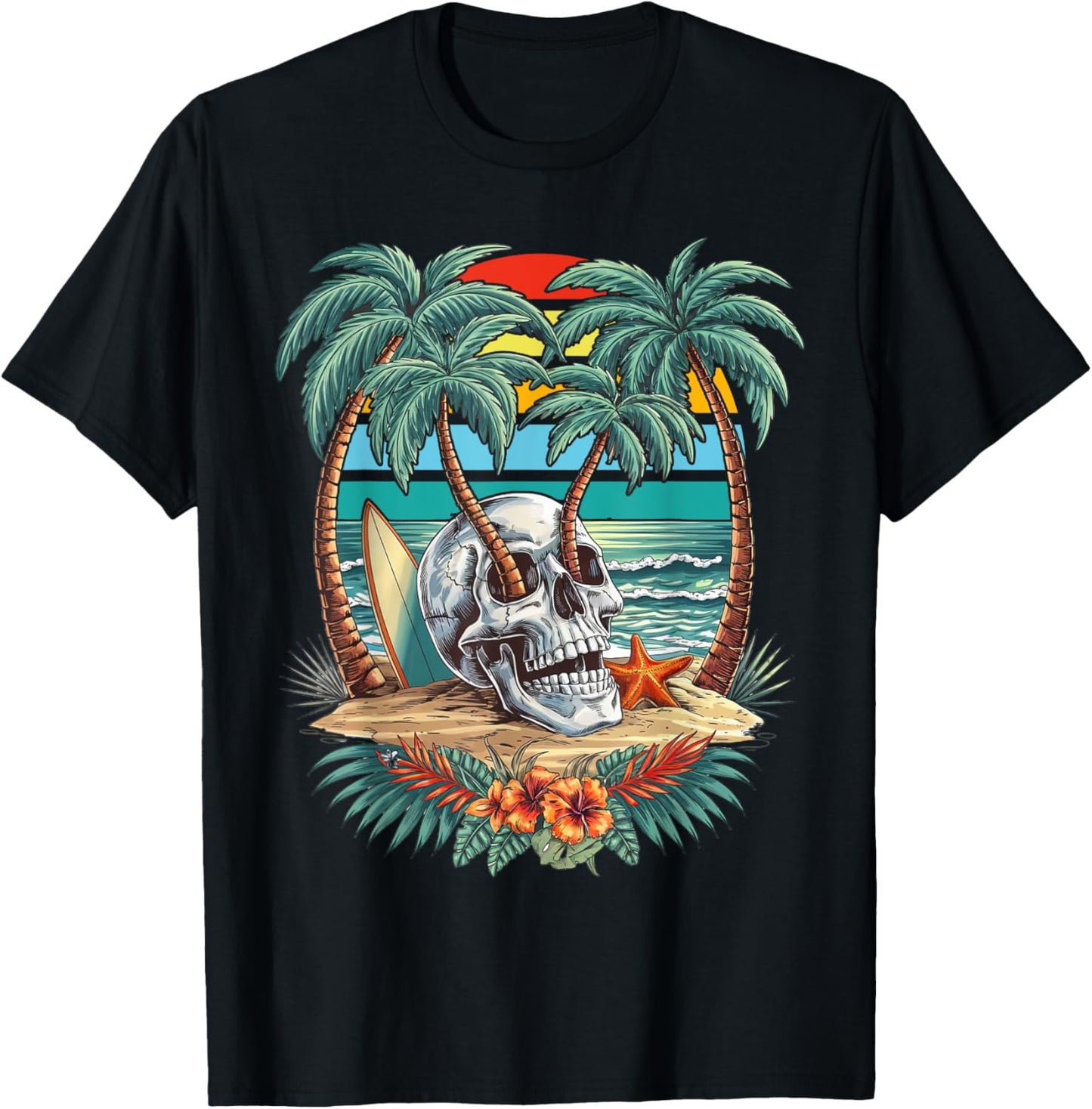 Vintage Palm Tree Skull Summer Beach Men Motorcycle Tattoo T-Shirt - T-Shirt | Black