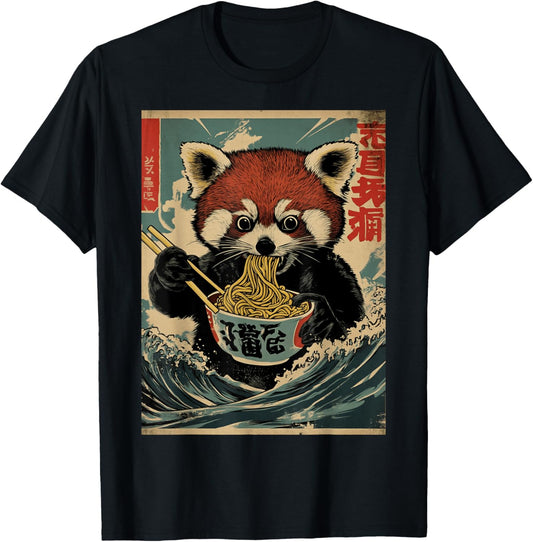 Hungry Red Panda Eating Ramen Noodles Japanese Art Style T-Shirt - T-Shirt | Black