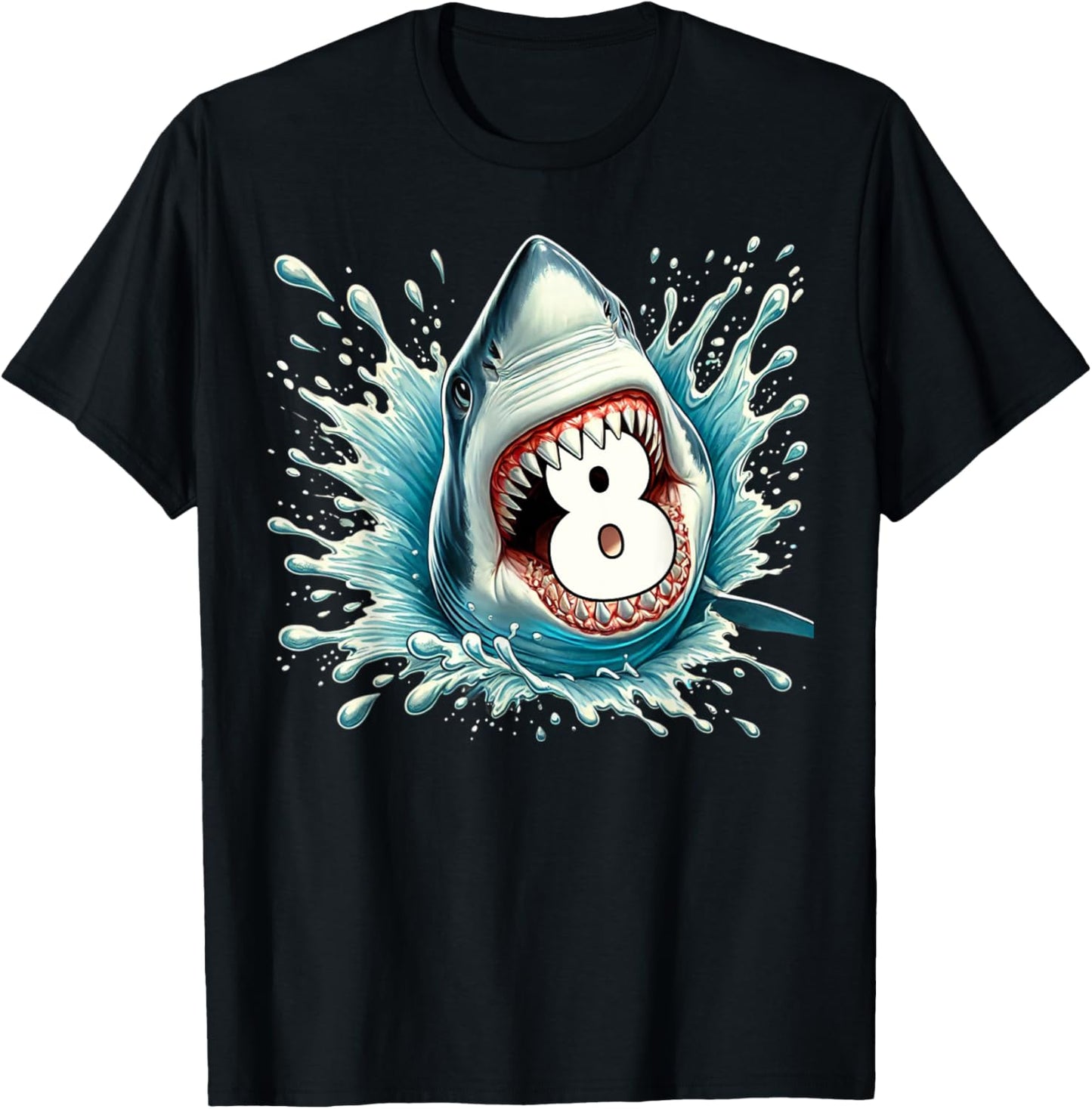 Funny 8th Birthday Eight Years Old Bday Shark Lover T-Shirt - T-Shirt | Black