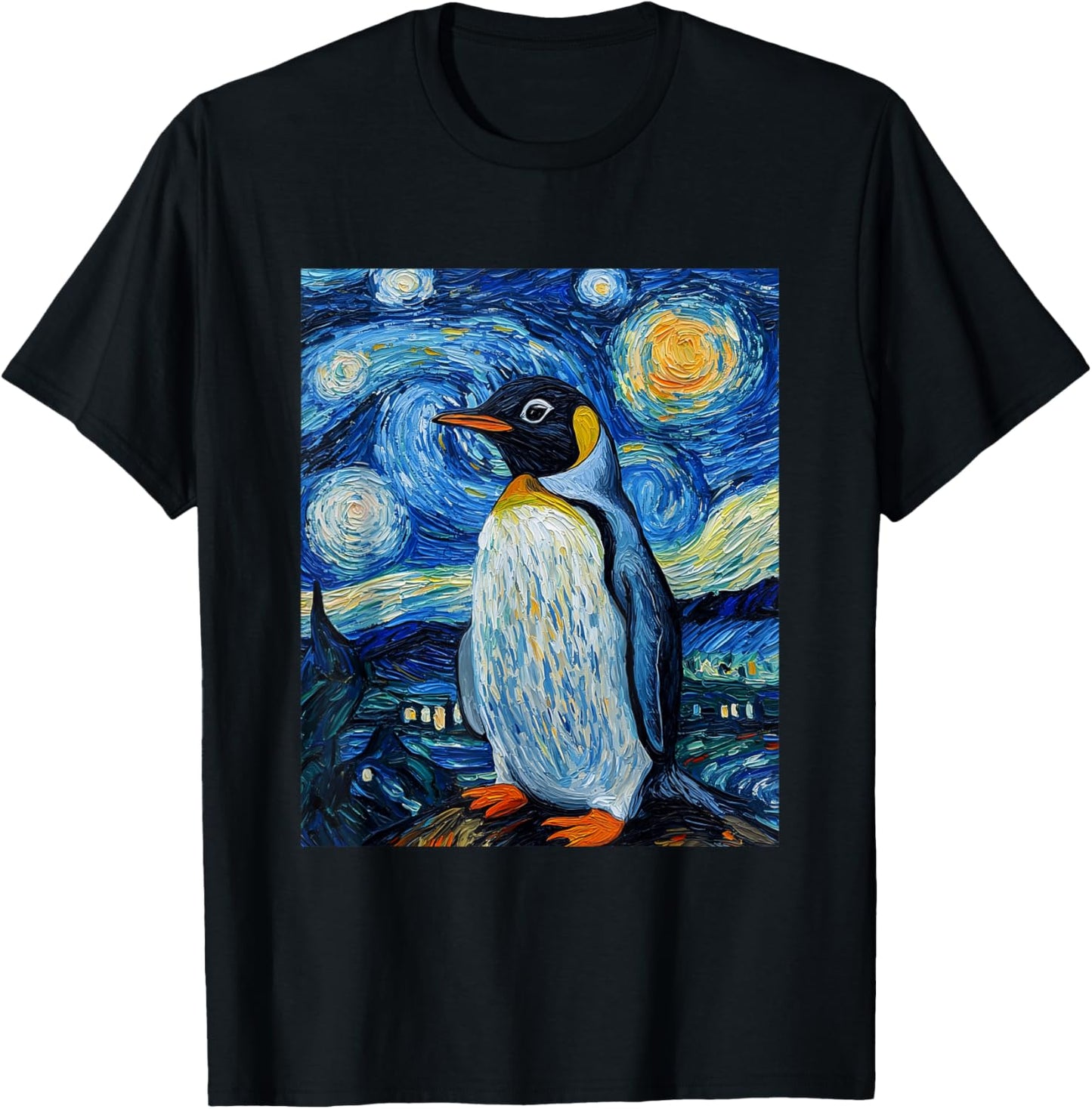 Penguin Bird - Van Gogh Style - Starry Night T-Shirt - T-Shirt | Black