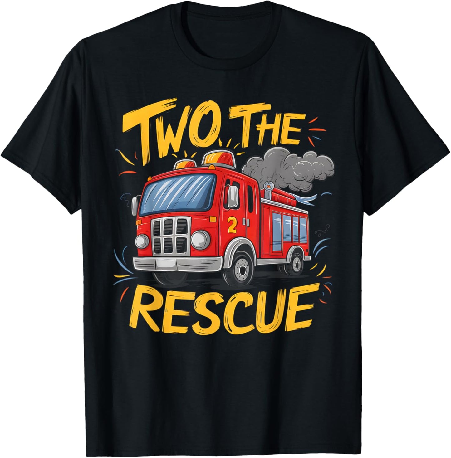 Two The Rescue Firetruck 2 Yr old boy 2nd Birthday Party T-Shirt - T-Shirt | Black