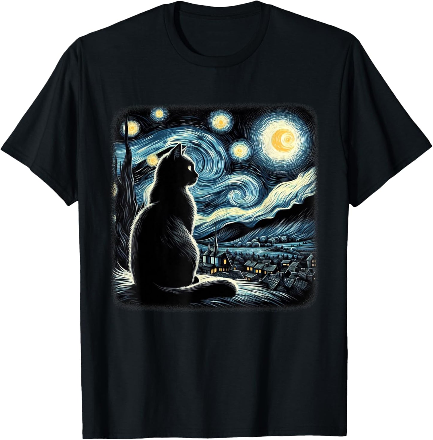 Van Gogh Starry Night Cat Art For Cat Lovers Cat Mom Cat Dad T-Shirt - T-Shirt | Black