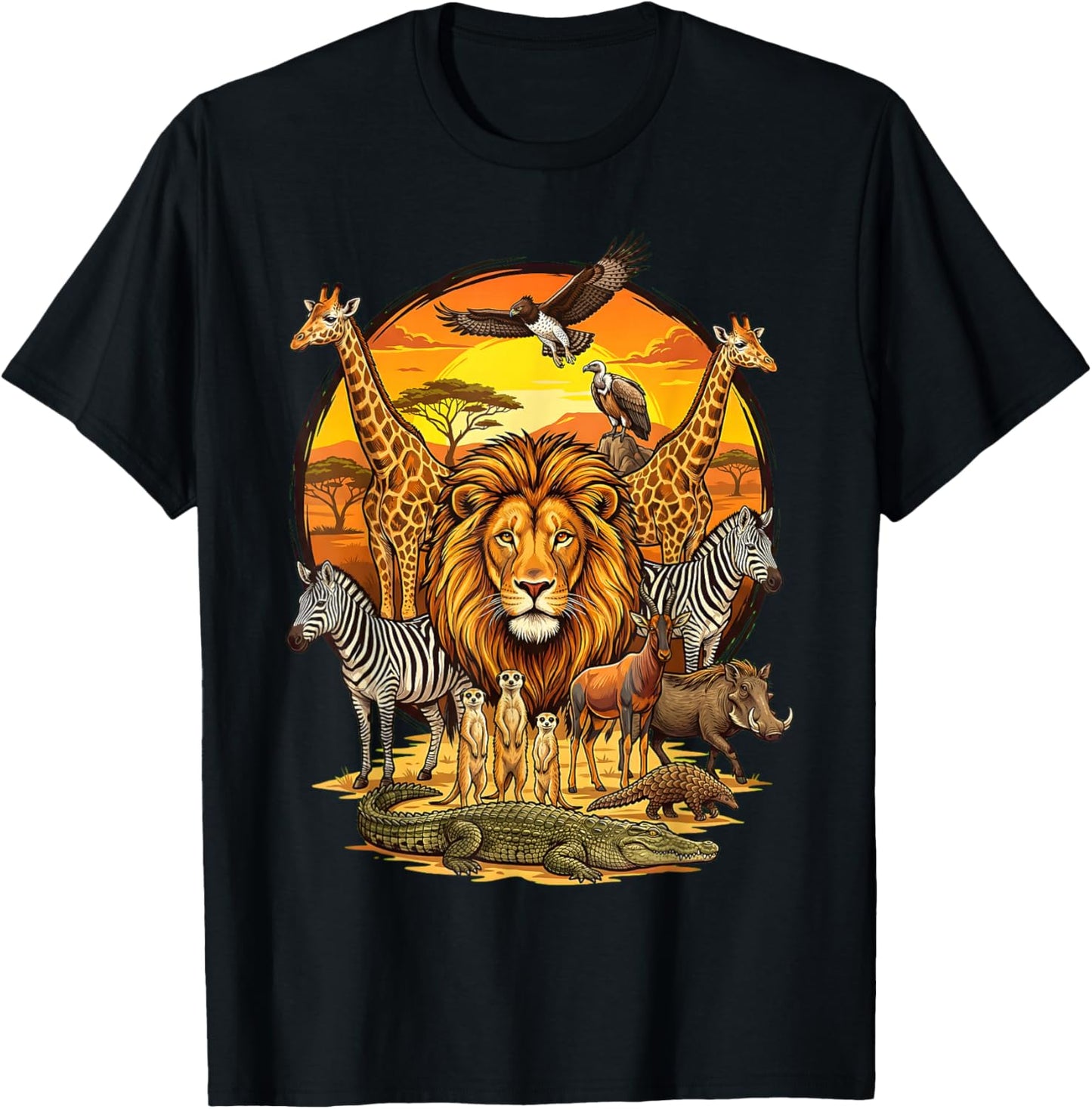 Animaux Sauvages Savane Coucher de Soleil Cercle Safari T-Shirt - T-Shirt | Black