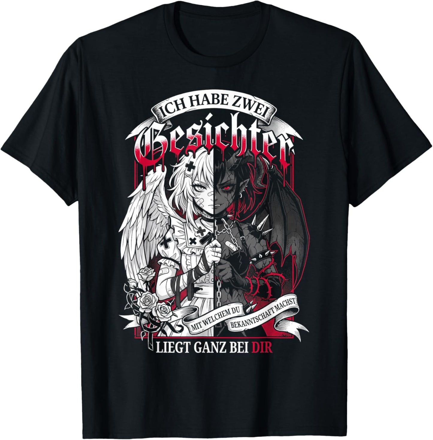 Zwei Gesichter Engel Dämon Anime Manga Spruch T-Shirt - T-Shirt | Black