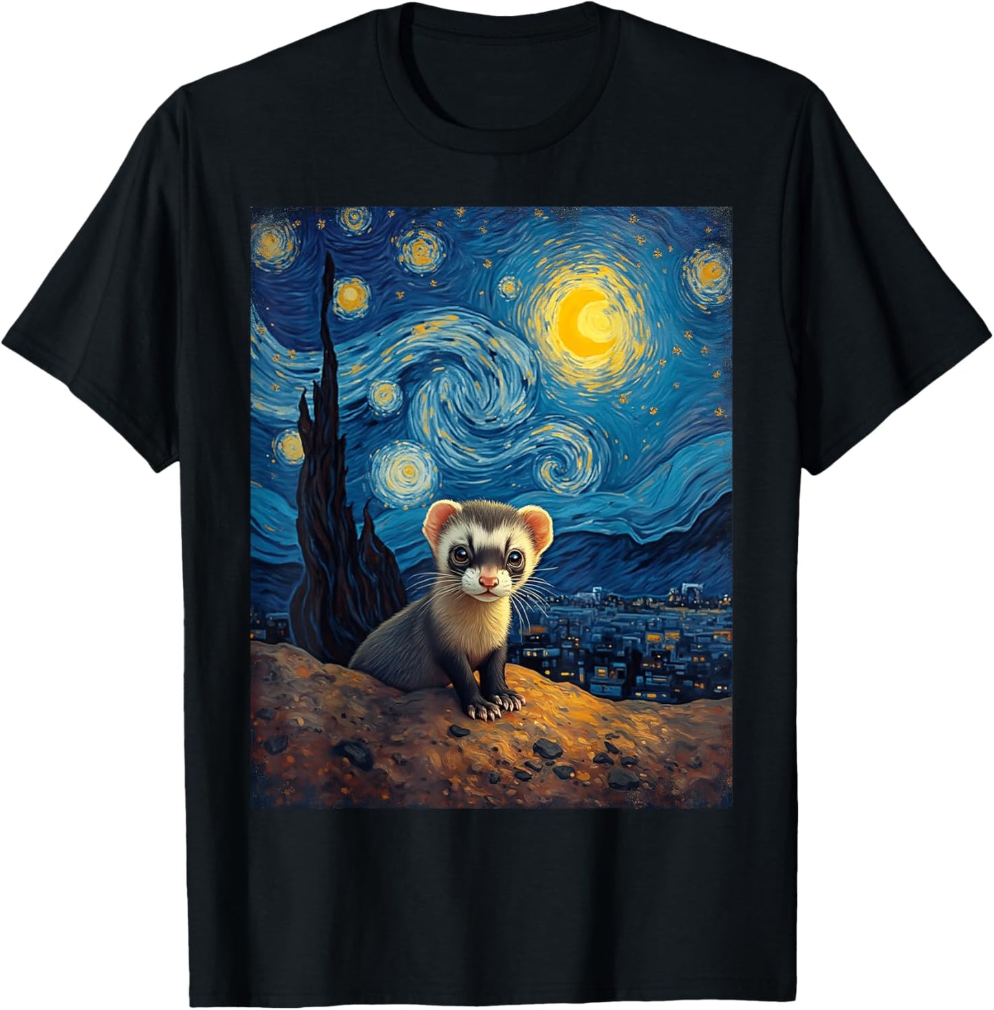 Van Gogh's Starry Night Black-Footed Ferret Prairie Ghost T-Shirt - T-Shirt | Black