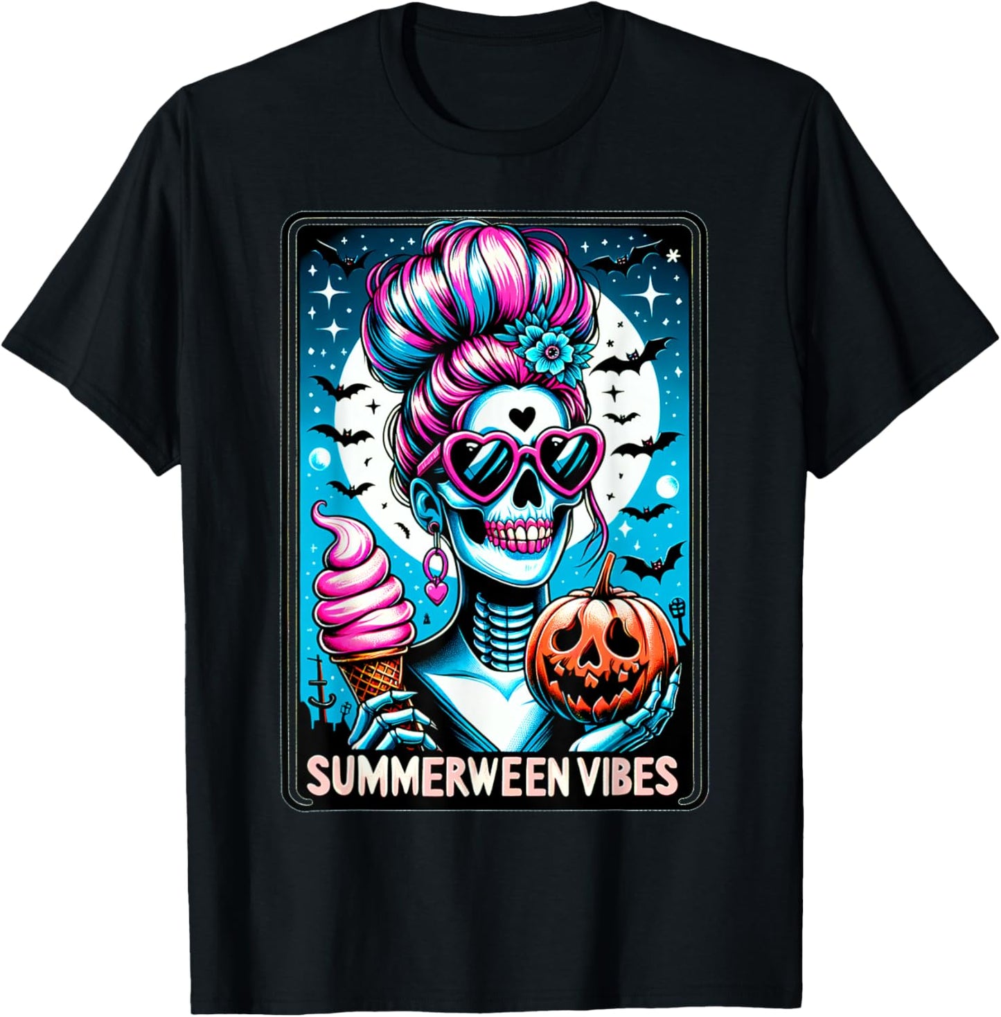 Summerween Vibes Skeleton Ice Cream Summer Vacation Funny T-Shirt - T-Shirt | Black