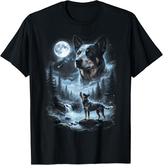 Blue Heeler Howling to the Moon Retro 90's Dog T-Shirt - T-Shirt | Black
