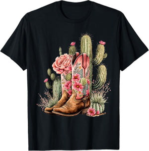 Retro Cowgirl Boots Floral Cactus Western Flower Teen Girls T-Shirt - T-Shirt | Black