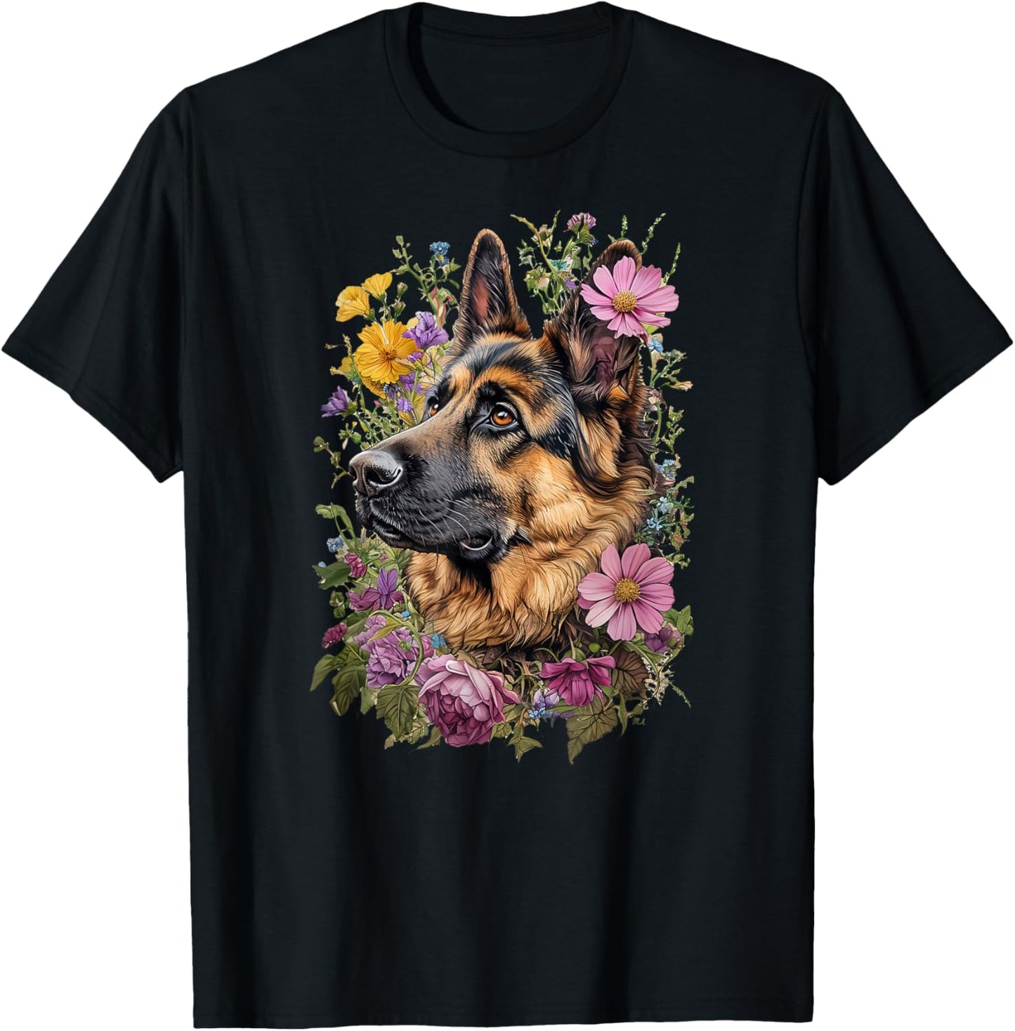 Dog German Shepherd Spring Art Floral Vintage , Black, S T-Shirt - T-Shirt | Black