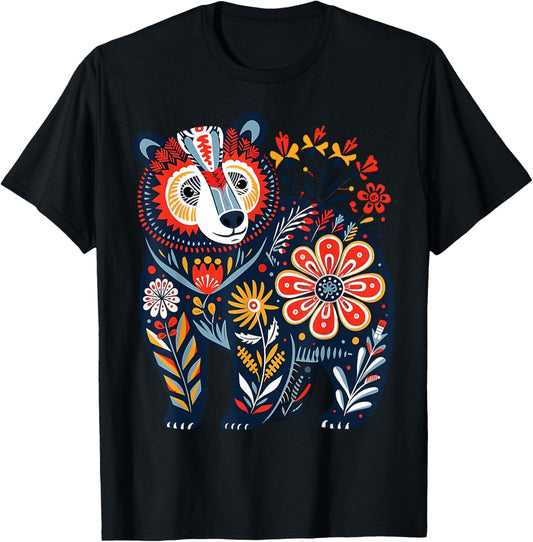 Scandinavian Folk Art Brown Bear Boho Flower Cottagecore T-Shirt - T-Shirt | Black