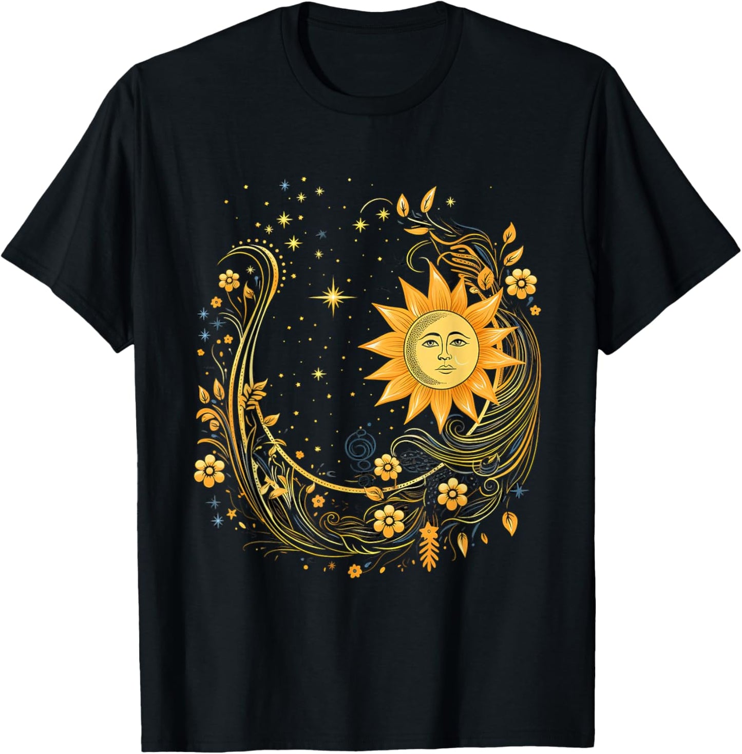 Mystical Sun and Moon with Woman Mystical Flowers Aesthetic T-Shirt - T-Shirt | Black