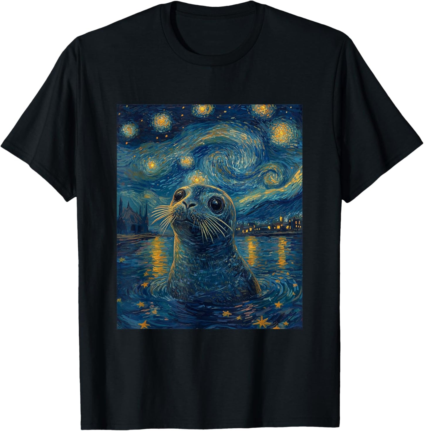 Cute Seal Sea Lion - Van Gogh Style - Starry Night Graphic T-Shirt - T-Shirt | Black