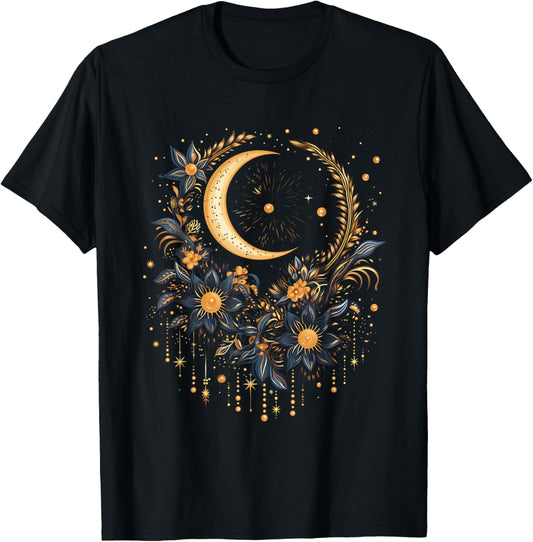 Mystical Sun and Moon with Woman Mystical Flowers Aesthetic T-Shirt - T-Shirt | Black