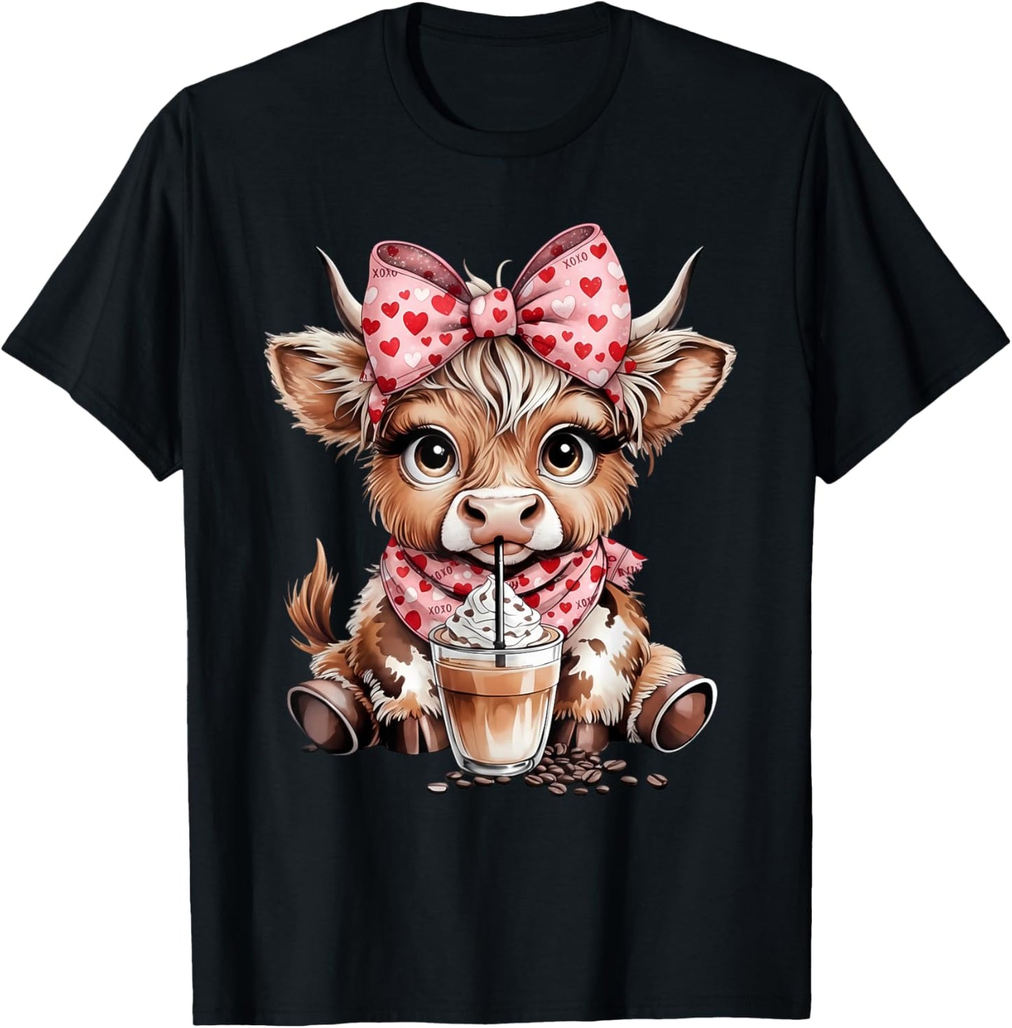 Valentine Highland Cow Cute Cow Drinking Coffee Girls Women T-Shirt - T-Shirt | Black
