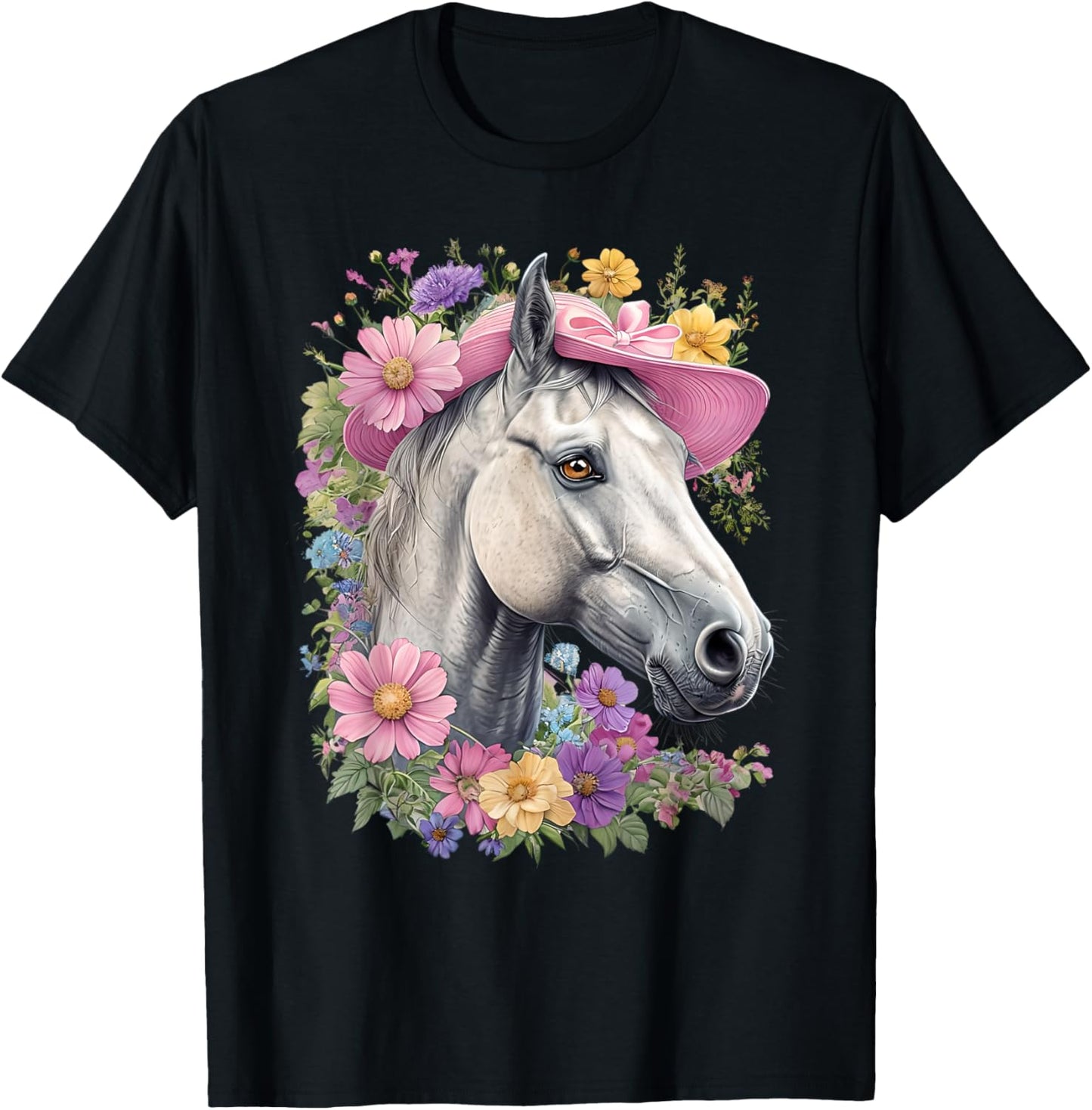 Derby Horse With Pink Sun Hat Women's Horse Racing Design T-Shirt - T-Shirt | Black