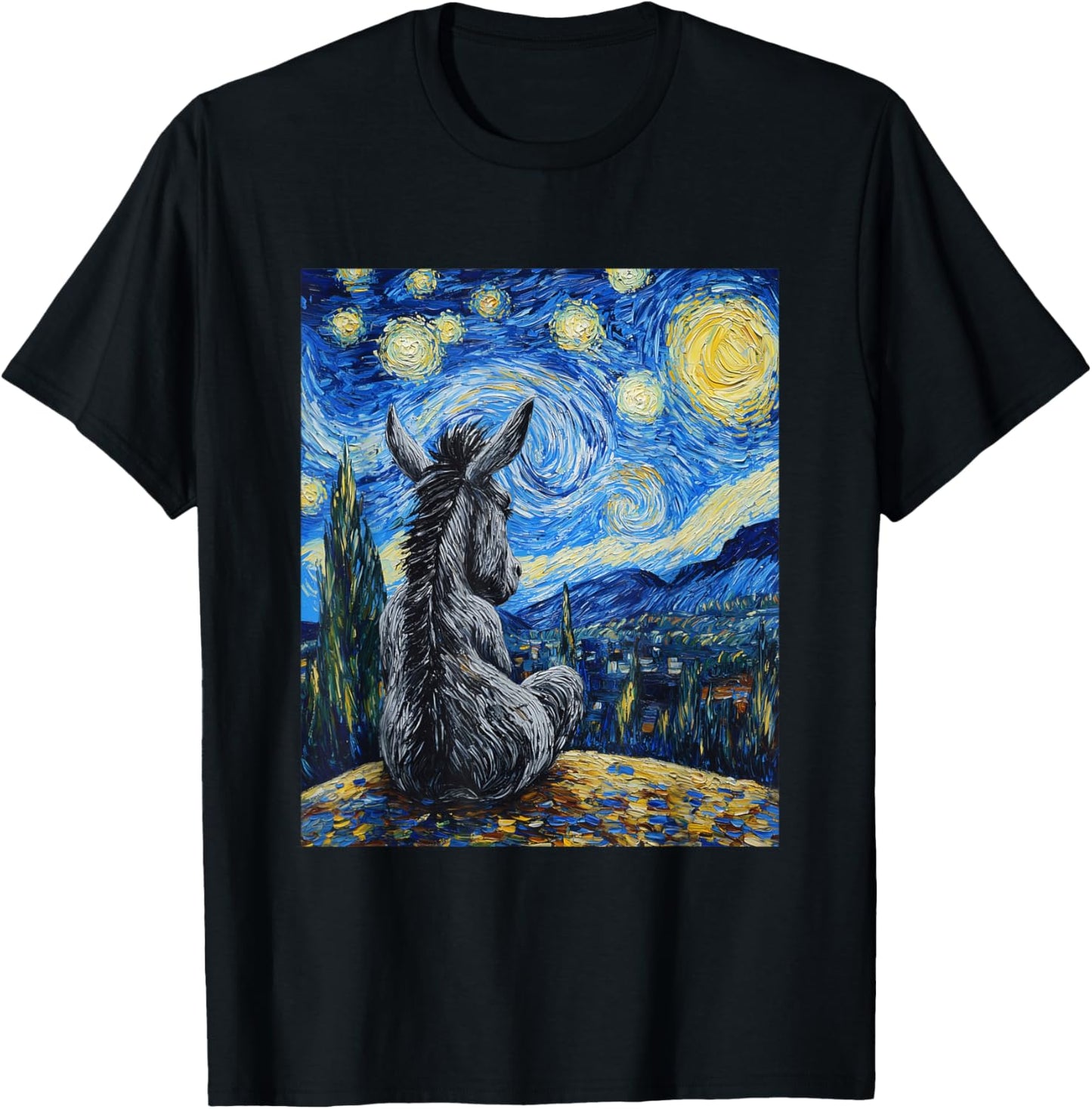 Donkey Van Gogh Style Starry Night Funny Graphic T-Shirt - T-Shirt | Black