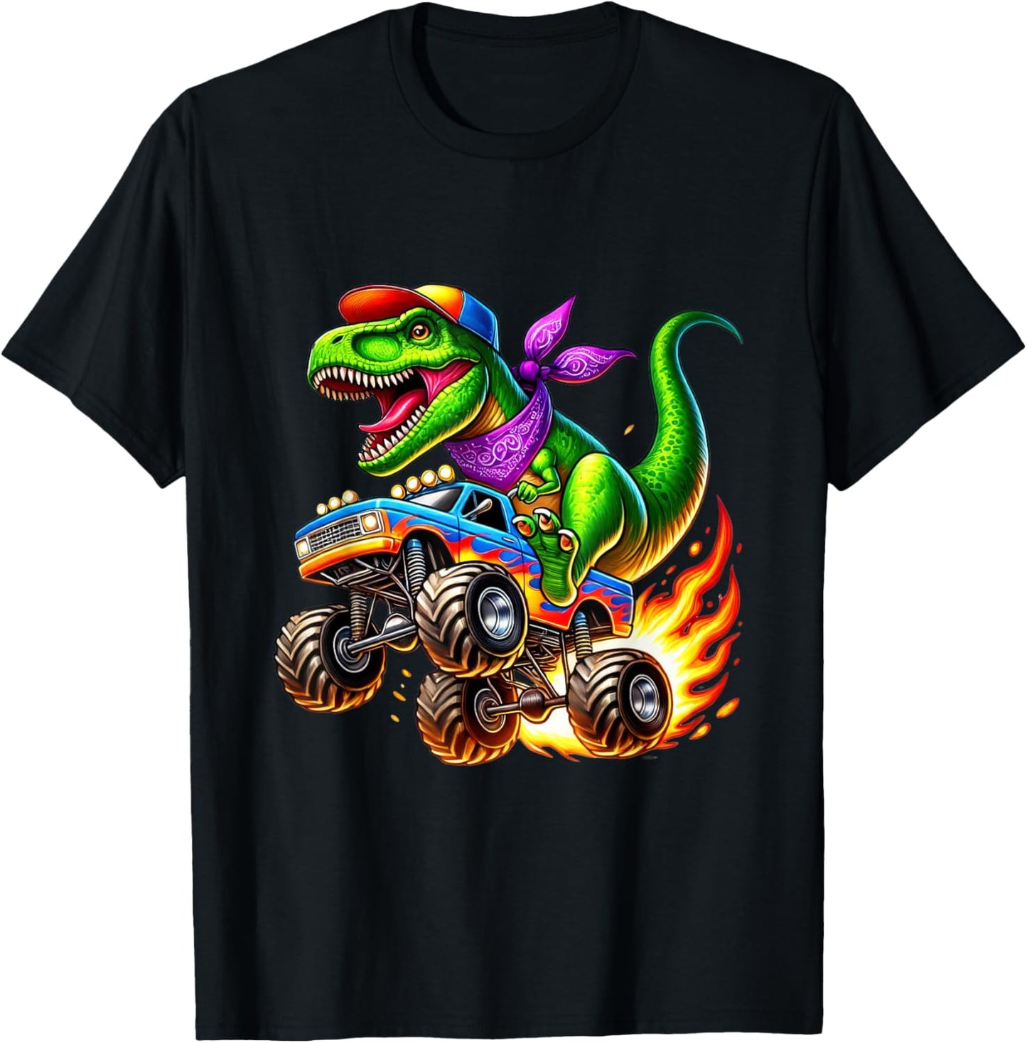 Adventurous Dinosaur On Monster Truck T-Shirt - T-Shirt | Black
