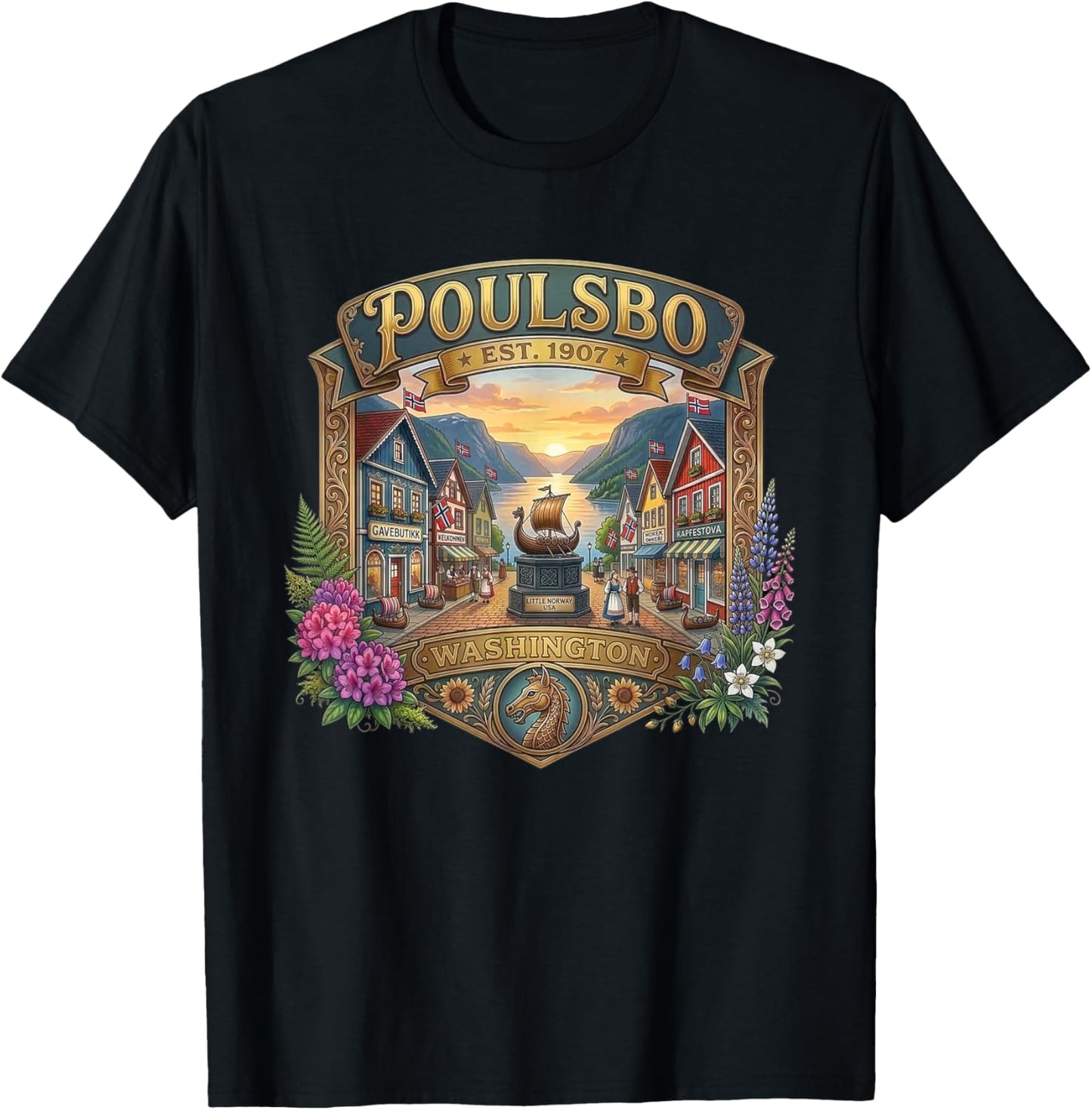 Poulsbo Washington Little Norway Liberty Bay Souvenir T-Shirt - T-Shirt | Black