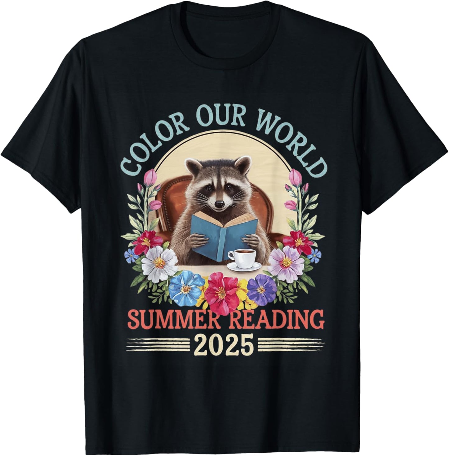 Color Our World Raccoon Summer Reading 2025 T-Shirt - T-Shirt | Black