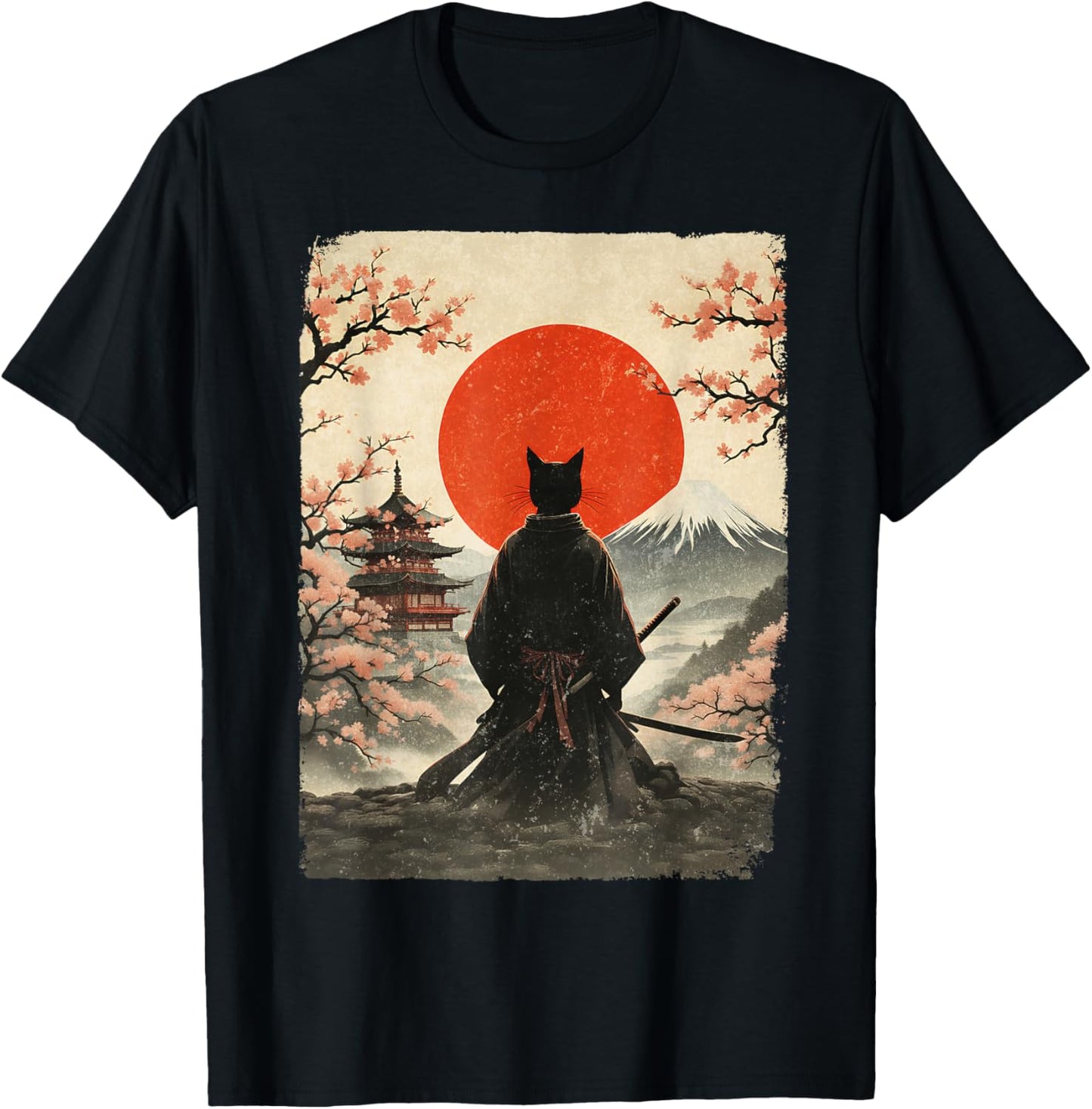 Samurai Cat Warrior Fuji Mount Vintage Japanese Art Graphic T-Shirt - T-Shirt | Black