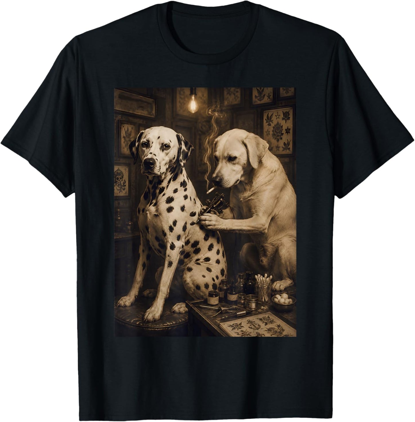 Vintage Dalmatian Dog Smoking Tattoo Artist Funny Meme T-Shirt - T-Shirt | Black