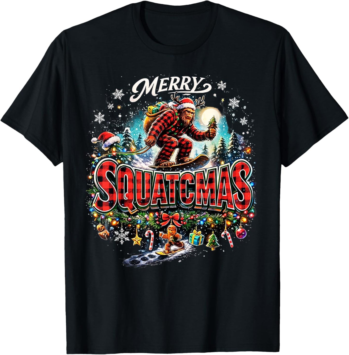 Merry Christmas Squatchmas Funny Bigfoot Snowboarding Lover T-Shirt - T-Shirt | Black