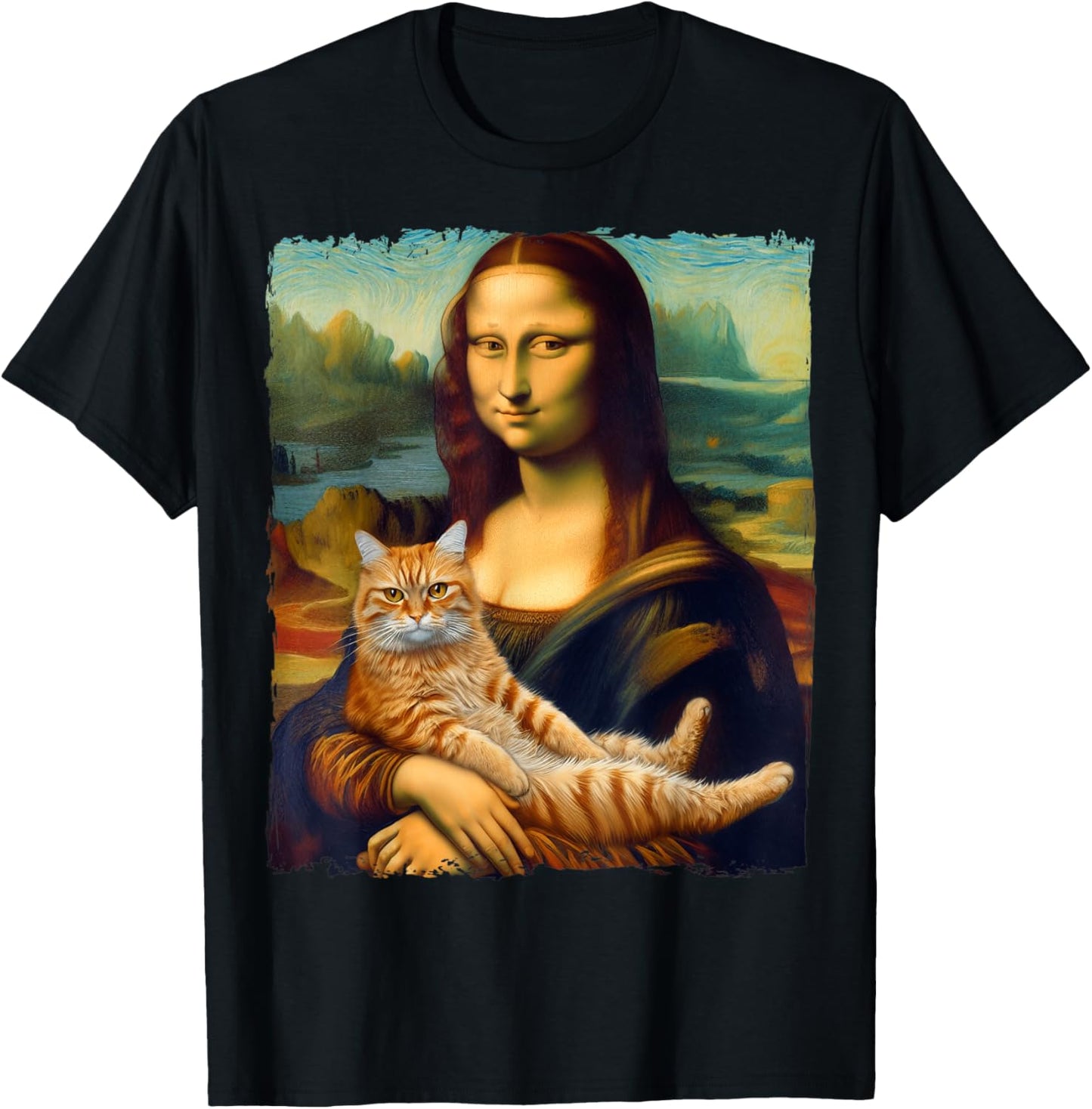 Mona Lisa Holding Cat Portrait Art Painting Kitty Cat Mom Men Women Kids T-Shirt - T-Shirt | Black