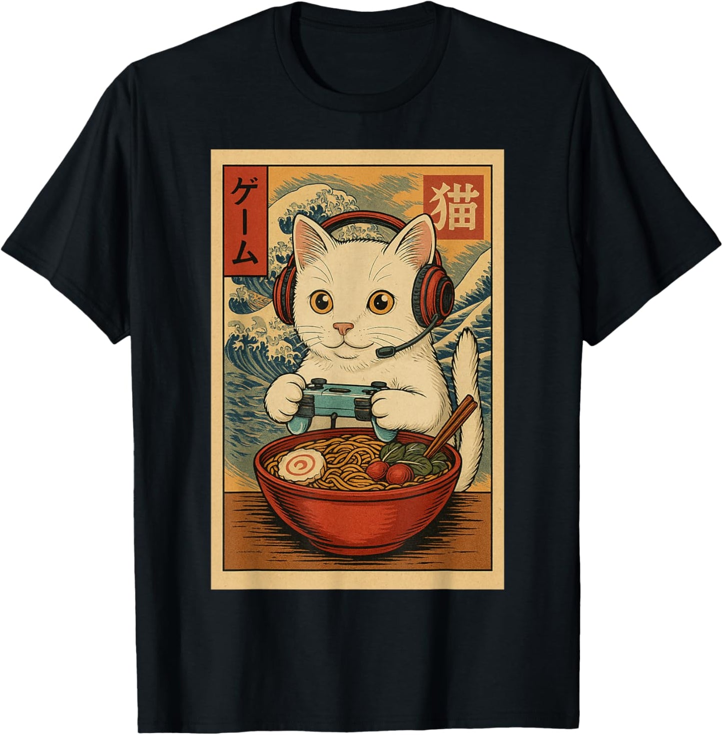 Kawaii Anime Gamer Cat Ramen Retro Japanese Gaming Funny T-Shirt - T-Shirt | Black