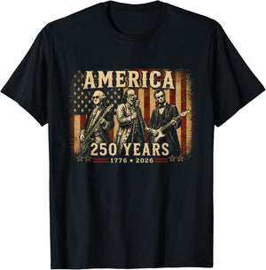 Washington Franklin Lincoln Playing Guitar 4th July 250 Year T-Shirt - T-Shirt | Black