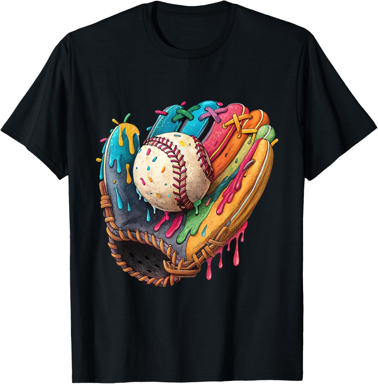 Baseball Drip Ice Cream Sprinkles Colorful Baseball Glove T-Shirt - T-Shirt | Black