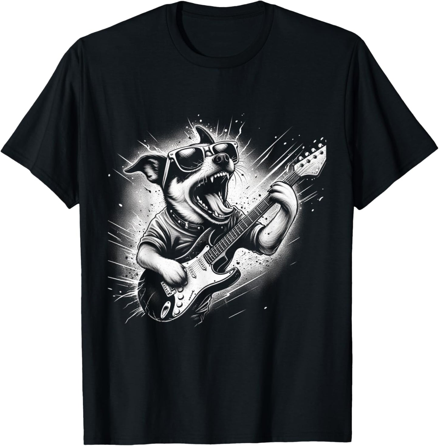Rock n Roll Dog Cool Dog with Guitar Rock Star Dog Art T-Shirt - T-Shirt | Black