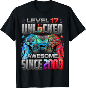 Level 17 Unlocked Awesome Since 2008 17th Birthday Gaming T-Shirt - T-Shirt | Black