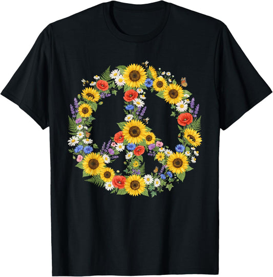 Hippie Peace Sign 60s 70s Retro Groovy Flowers Floral T-Shirt - T-Shirt | Black