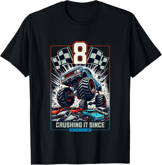 Kids 8th Birthday Truck Turning 8 Years Old Boy Born in 2018 T-Shirt - T-Shirt | Black
