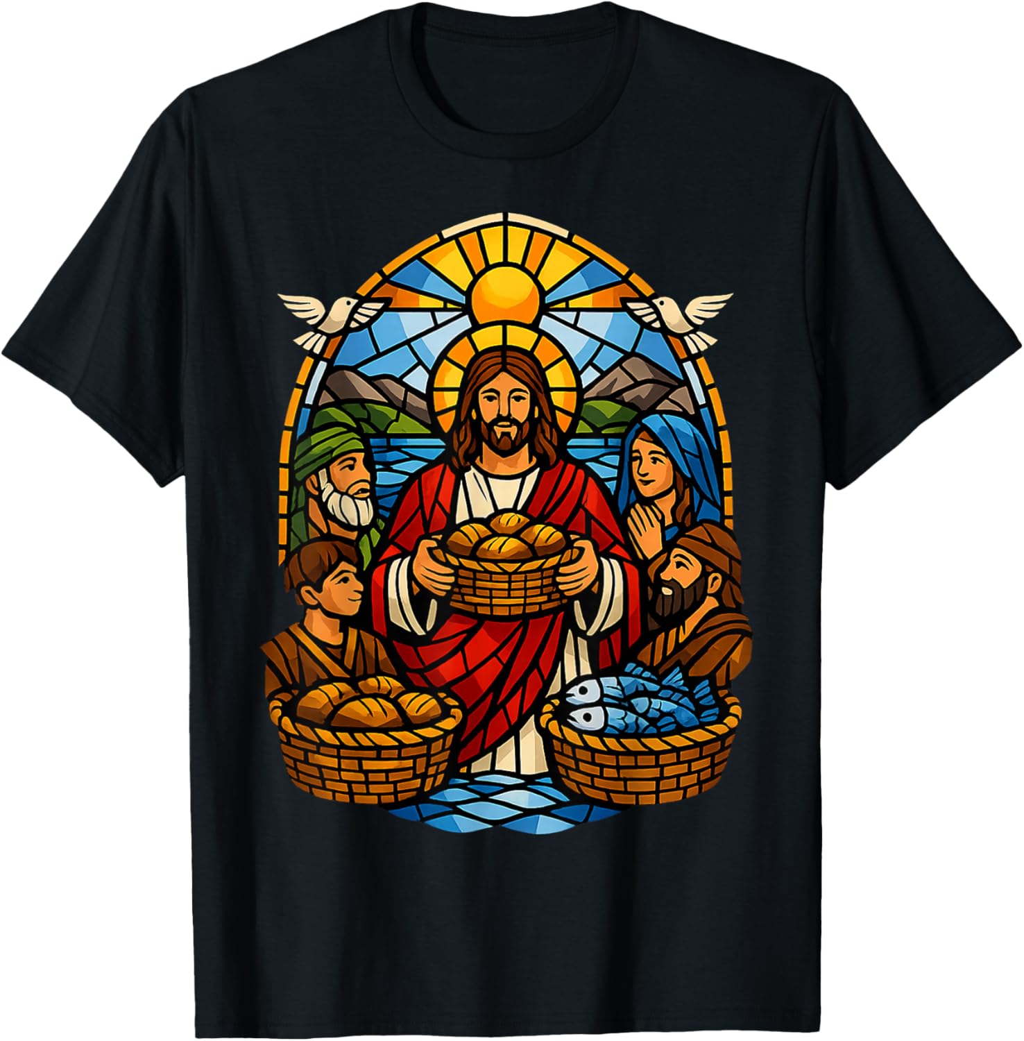 Loaves and Fishes Miracle Vitrail Scène communautaire T-Shirt - T-Shirt | Black