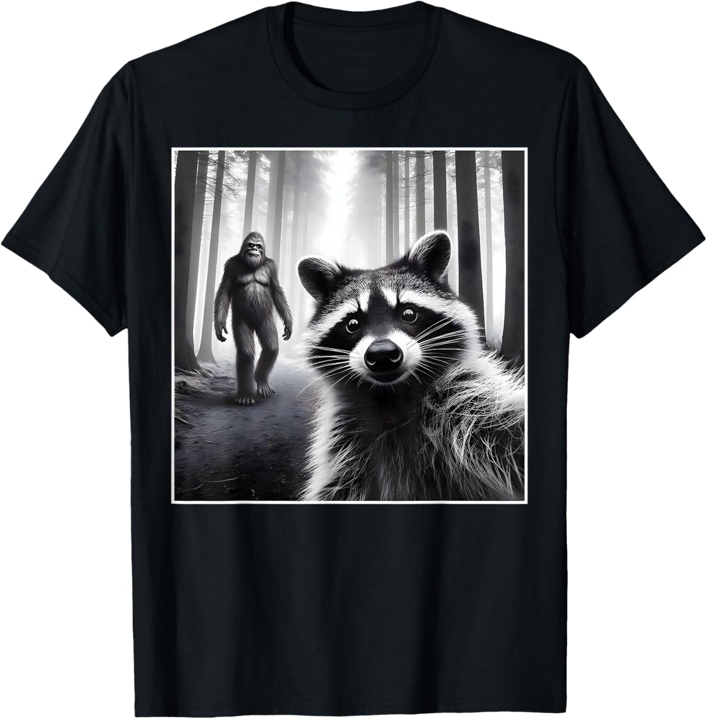 Scared Raccoon Selfie with Sasquatch Bigfoot Funny Raccoon T-Shirt - T-Shirt | Black