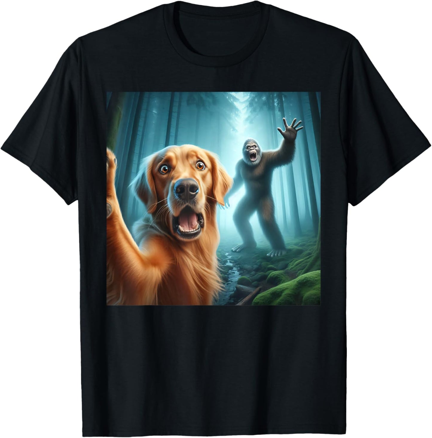 Golden retriever Selfie with bigfoot sasquatch T-Shirt - T-Shirt | Black