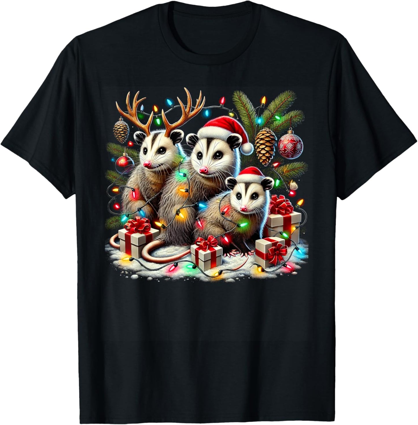 Hilarious Opossums in Christmas Lights Holiday Possum Spirit T-Shirt - T-Shirt | Black