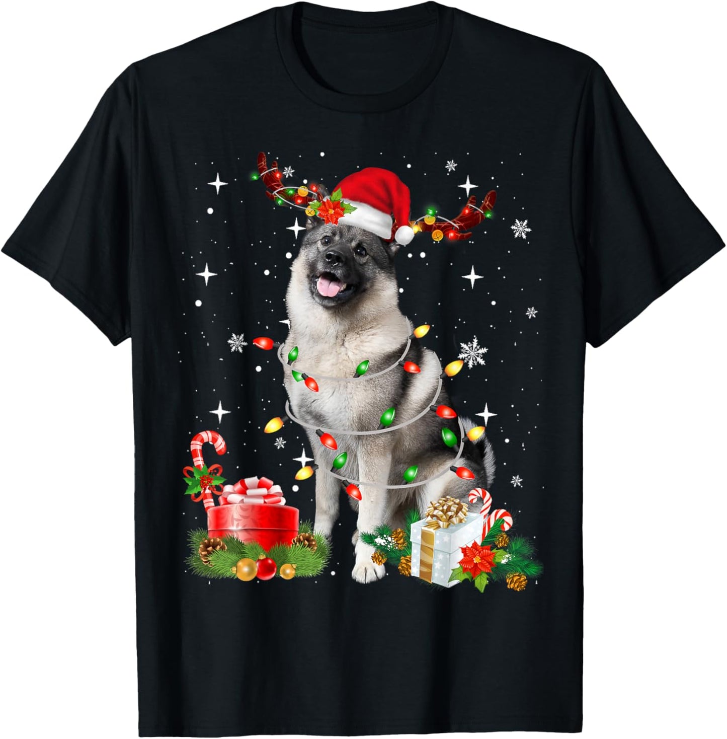 Funny Norwegian Elkhound Santa Hat Christmas Lights Pajama T-Shirt - T-Shirt | Black