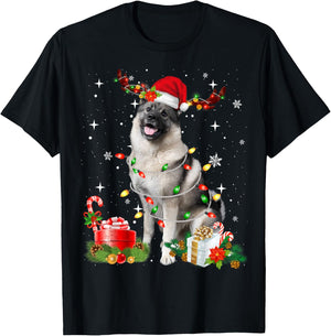 Funny Norwegian Elkhound Santa Hat Christmas Lights Pajama T-Shirt - T-Shirt | Black