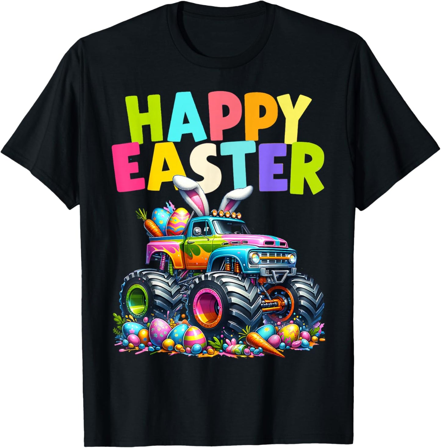 Boys Happy Easter Monster Truck Easter Eggs Hunt Toddler Kid T-Shirt - T-Shirt | Black