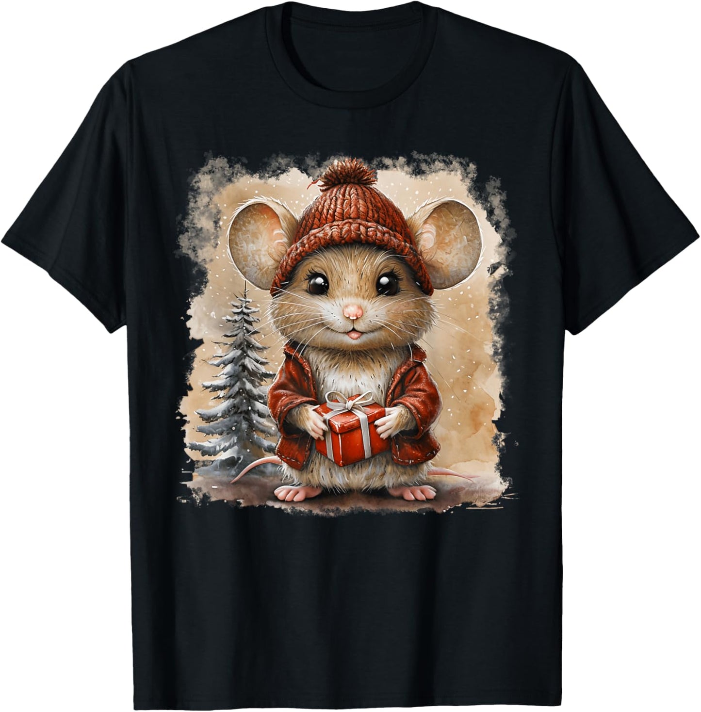 Cute Mouse Christmas Mouse Wearing Santa Hat Matching Pajama T-Shirt - T-Shirt | Black